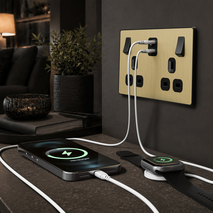 BG Evolve PCDSB22UCC22B 13A Double Switched Power Socket + 2xUSB-C (22W) - Satin Brass (Black)