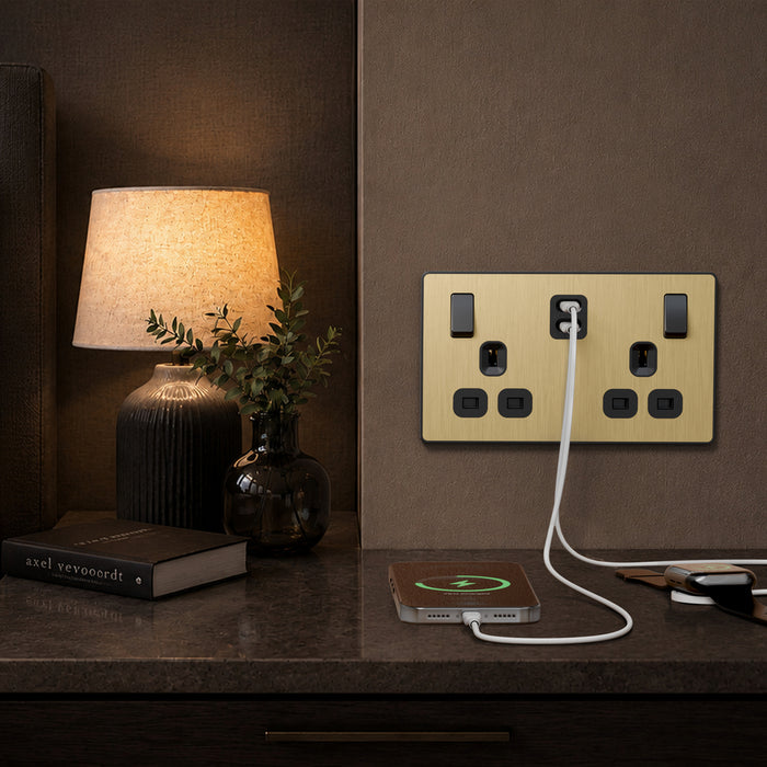 BG Evolve PCDSB22UCC22B 13A Double Switched Power Socket + 2xUSB-C (22W) - Satin Brass (Black)