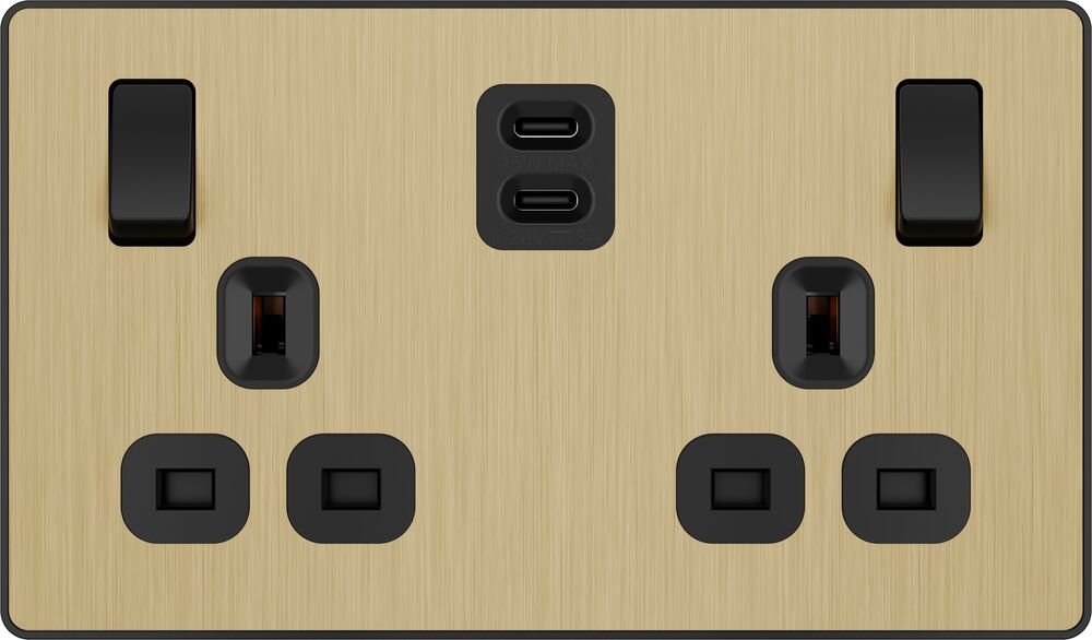 BG Evolve PCDSB22UCC45B 13A Double Switched Power Socket + 2xUSB-C (45W) - Satin Brass (Black)