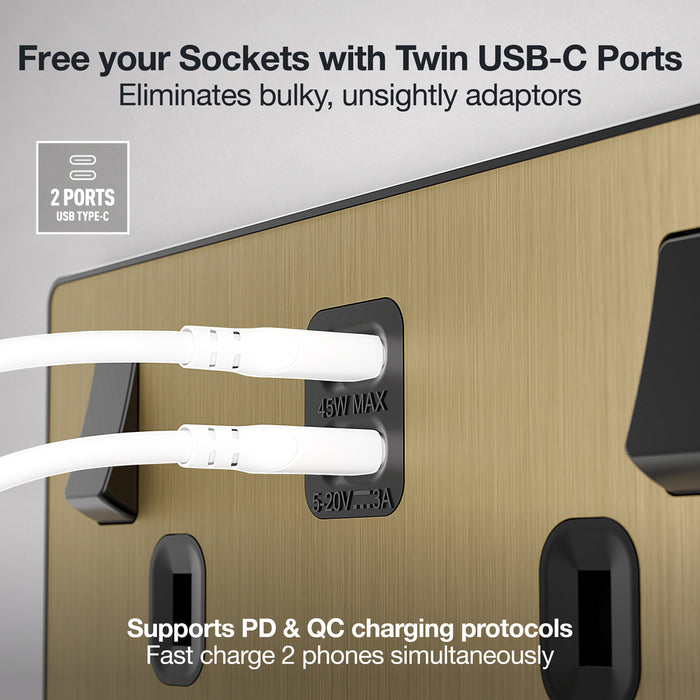 BG Evolve PCDSB22UCC45B 13A Double Switched Power Socket + 2xUSB-C (45W) - Satin Brass (Black)