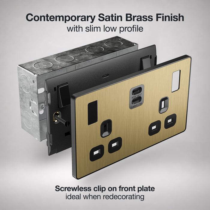 BG Evolve PCDSB22UCC45B 13A Double Switched Power Socket + 2xUSB-C (45W) - Satin Brass (Black)