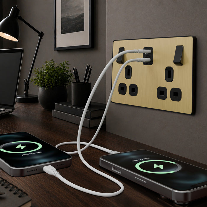 BG Evolve PCDSB22UCC45B 13A Double Switched Power Socket + 2xUSB-C (45W) - Satin Brass (Black)