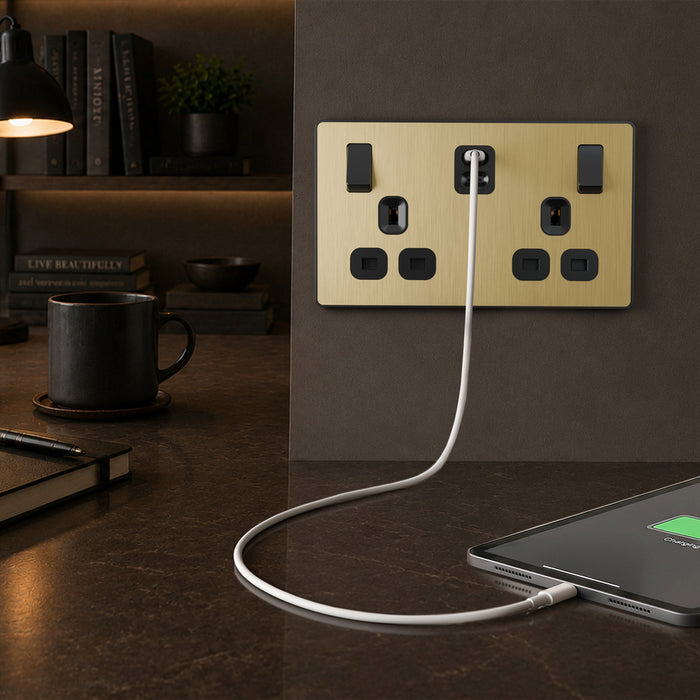 BG Evolve PCDSB22UCC45B 13A Double Switched Power Socket + 2xUSB-C (45W) - Satin Brass (Black)
