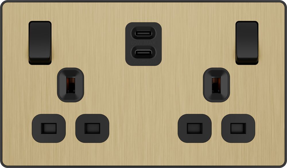 BG Evolve PCDSB22UCC65B 13A Double Switched Power Socket + 2xUSB-C (65W) - Satin Brass (Black)