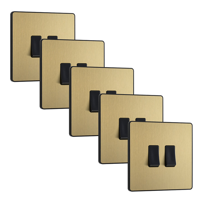 BG Evolve PCDSB42Bx5 20A 16AX 2 Way Double Light Switch - Satin Brass (Black) (5 Pack)