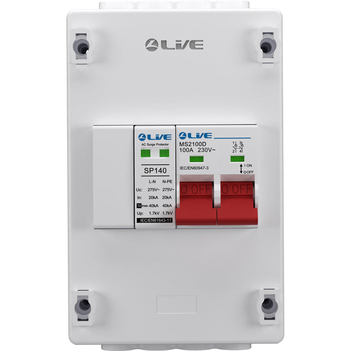 LIVE Electrical PEN2100D-SP 4 Way IP20 Plastic Enclosure with 100A DP Main Switch (Double Terminal) & 20/40kA DP SPD