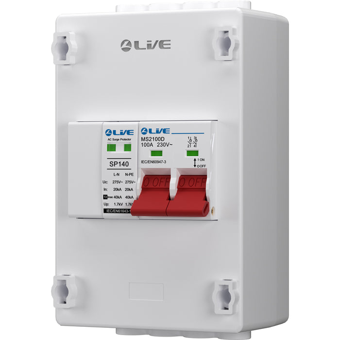 LIVE Electrical PEN2100D-SP 4 Way IP20 Plastic Enclosure with 100A DP Main Switch (Double Terminal) & 20/40kA DP SPD