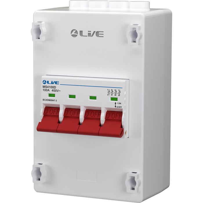 LIVE Electrical PEN4100D 4 Way IP20 Plastic Enclosure with 100A 4P Main Switch (Double Terminal)