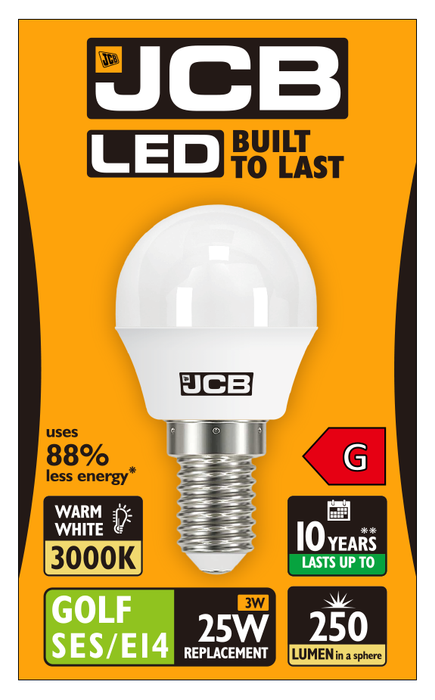 JCB S10968 E14 SES Golf LED Bulb Opal 3W 250lm Warm White 3000K (12 Pack)