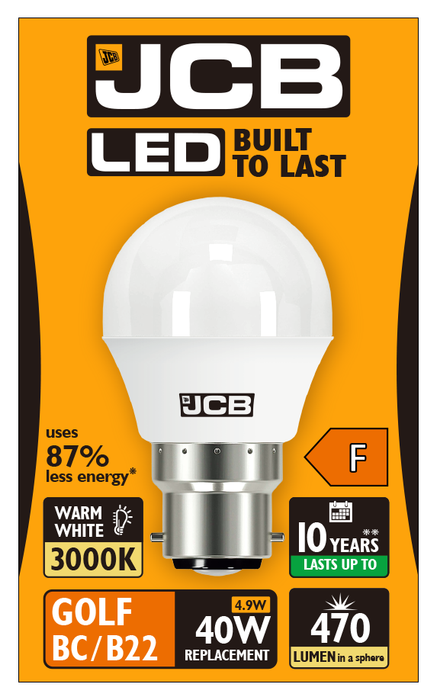 JCB S10969 B22 BC Golf LED Bulb Opal 4.9W 470lm Warm White 3000K (12 Pack)