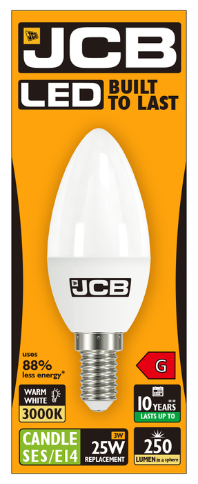 JCB S10977 E14 SES Candle LED Bulb Opal 3W 250lm Warm White 3000K