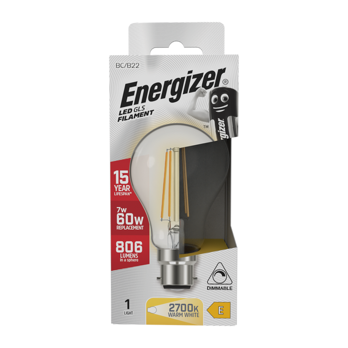 Energizer S12851 7W 806lm B22 BC GLS Filament LED Bulb Warm White 2700K Dimmable - westbasedirect.com