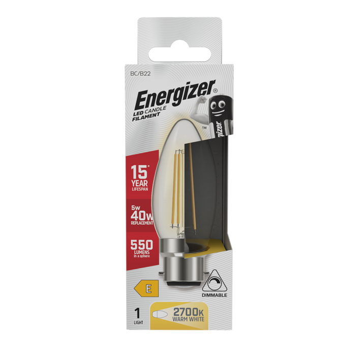 Energizer S12855 5W 470lm B22 BC Candle Filament LED Bulb Warm White 2700K Dimmable - westbasedirect.com