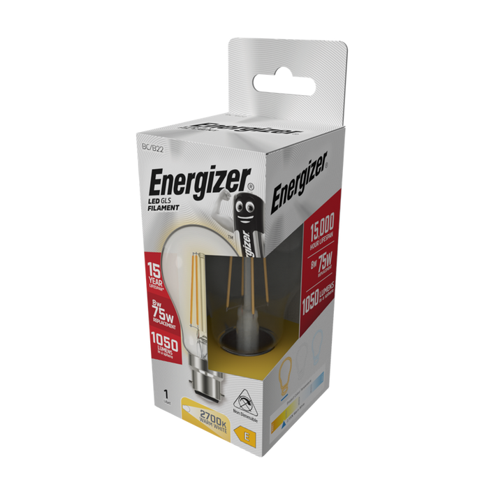 Energizer S12857 8W 1060lm B22 BC GLS Filament LED Bulb Warm White 2700K - westbasedirect.com