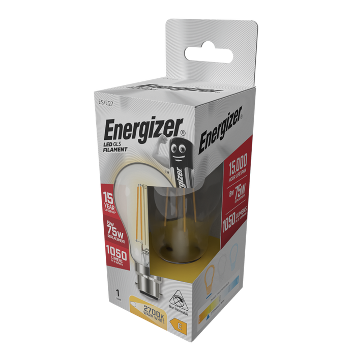 Energizer S12858 8W 1060lm E27 ES GLS Filament LED Bulb Warm White 2700K - westbasedirect.com
