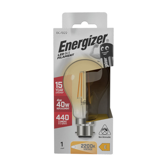 Energizer S12859 4W 320lm B22 BC GLS Filament Gold LED Bulb Warm White 2200K - westbasedirect.com
