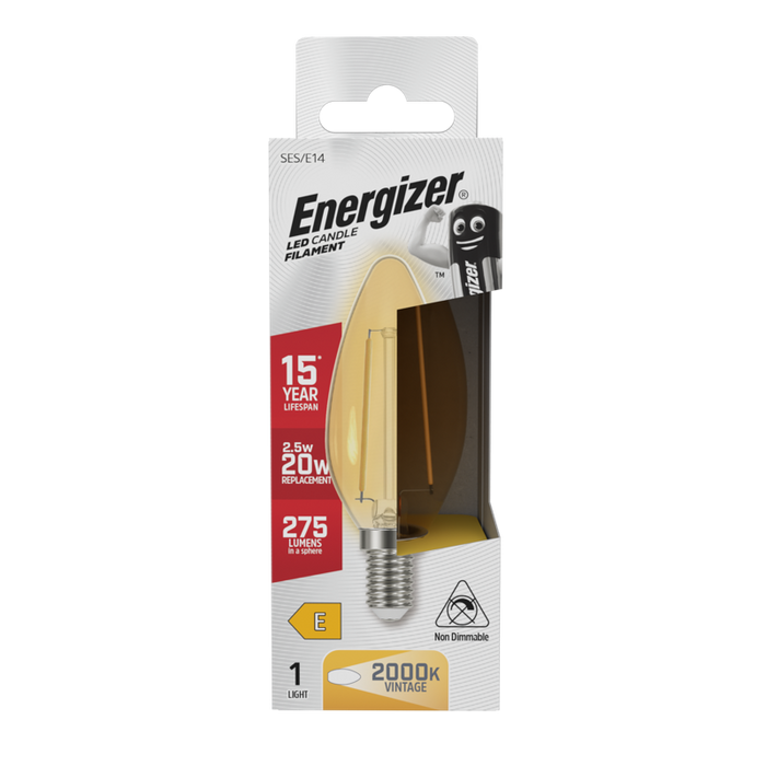 Energizer S12861 2.5W 275lm E14 SES Candle Filament Gold LED Bulb Warm White 2200K - westbasedirect.com
