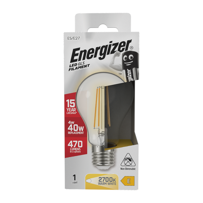 Energizer S12863 4W 470lm E27 ES GLS Filament LED Bulb Warm White 2700K - westbasedirect.com
