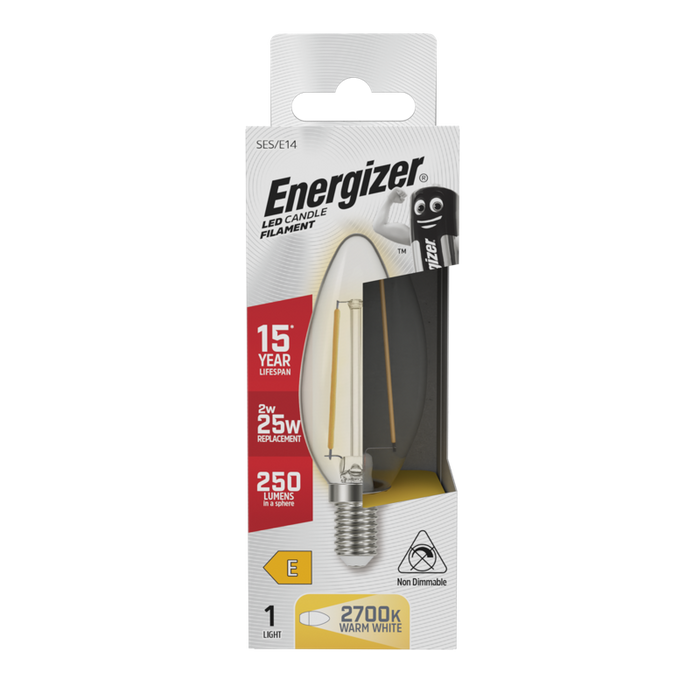 Energizer S12867 2W 250lm E14 SES Candle Filament LED Bulb Warm White 2700K - westbasedirect.com