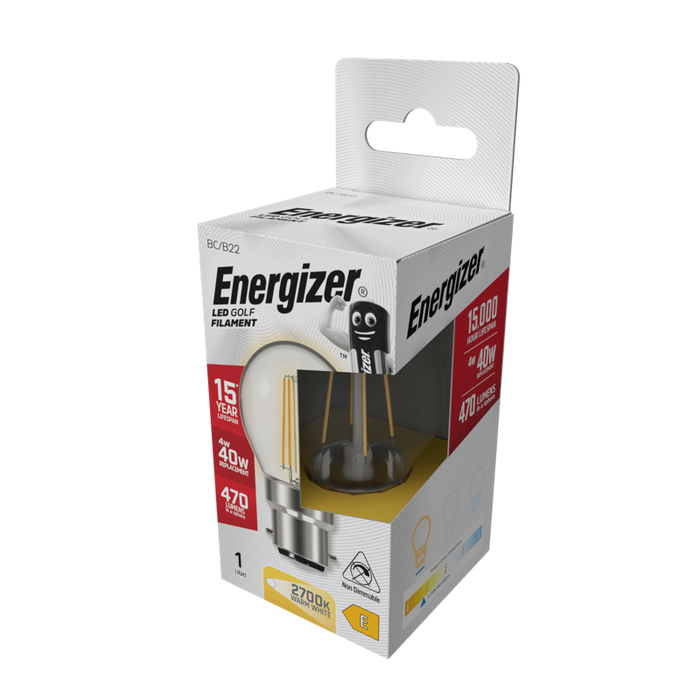 Energizer S12871 4W 470lm B22 BC Golf Filament LED Bulb Warm White 2700K - westbasedirect.com