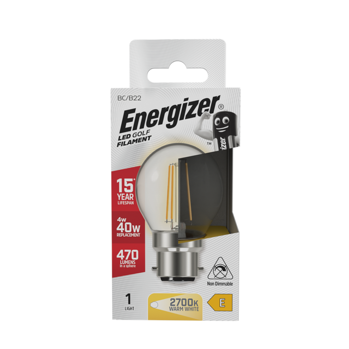 Energizer S12871 4W 470lm B22 BC Golf Filament LED Bulb Warm White 2700K - westbasedirect.com