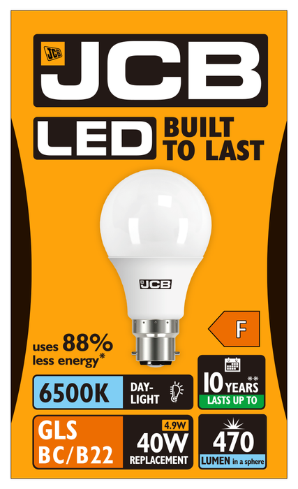 JCB S13569 B22 BC GLS LED Bulb Opal 4.9W 470lm Daylight 6500K (12 Pack)