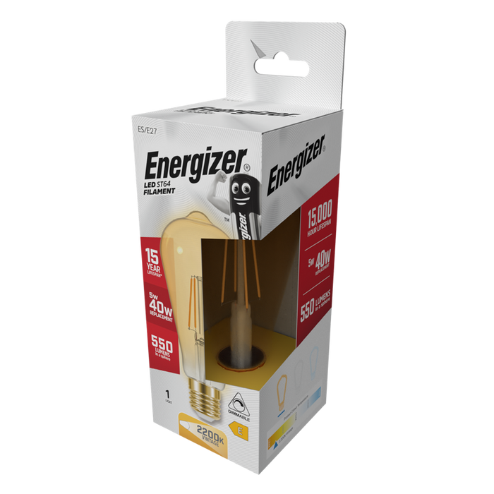 Energizer 5W 470lm E27 ES ST64 Filament Gold LED Bulb Warm White 2200K Dimmable