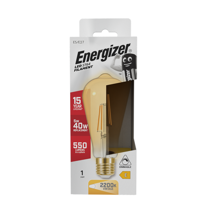 Energizer 5W 470lm E27 ES ST64 Filament Gold LED Bulb Warm White 2200K Dimmable