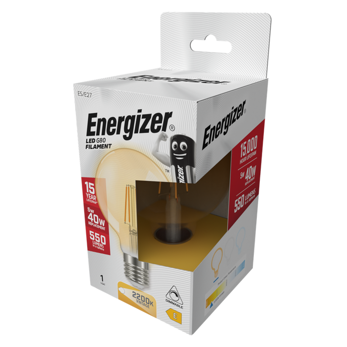 Energizer 5W 470lm E27 ES G80 Filament Gold LED Bulb Warm White 2200K Dimmable