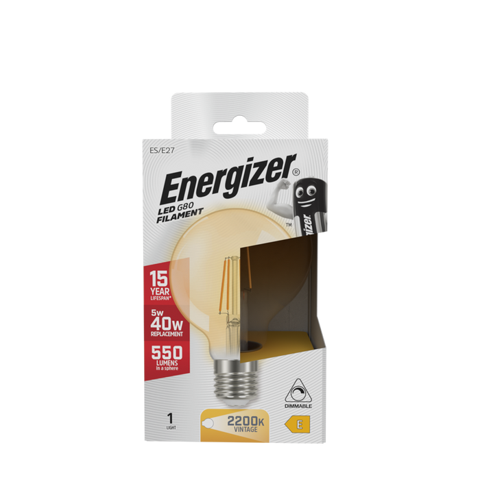 Energizer 5W 470lm E27 ES G80 Filament Gold LED Bulb Warm White 2200K Dimmable