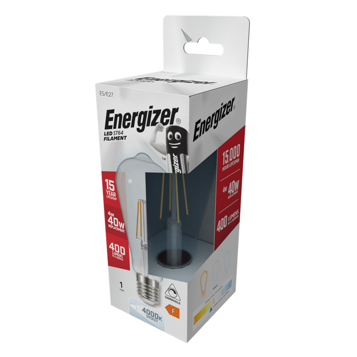 Energizer 4.5W 320lm E27 ES ST64 Filament Smokey LED Bulb Cool White 4000K Dimmable