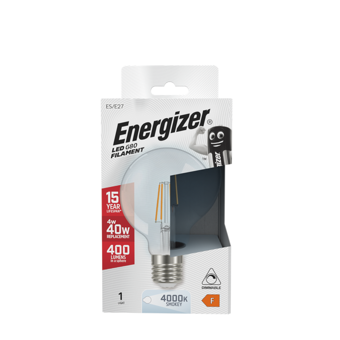 Energizer 4.5W 320lm E27 ES G80 Filament Smokey LED Bulb Cool White 4000K Dimmable