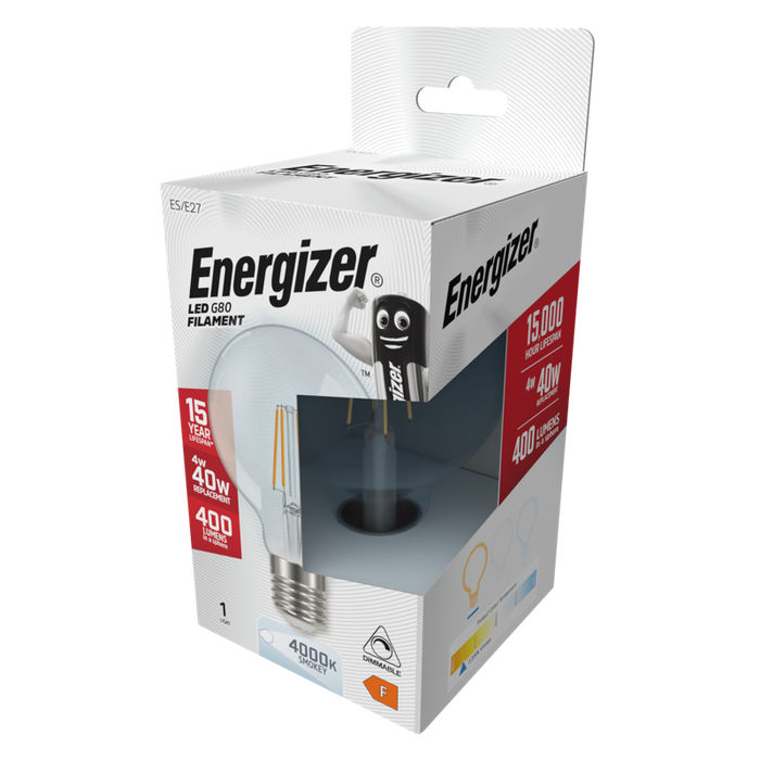 Energizer 4.5W 320lm E27 ES G80 Filament Smokey LED Bulb Cool White 4000K Dimmable
