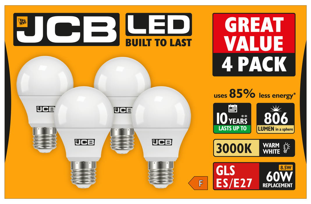 JCB S15144 E27 ES GLS LED Bulb Opal 8.5W 806lm Warm White 3000K (4 Pack)