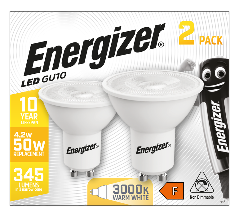 Energizer S16705 4.2W 345lm GU10 Spotlight LED Bulb Warm White 3000K Boxed (2 Pack)