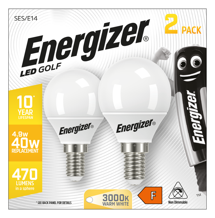 Energizer S16708 4.9W 470lm E14 SES Golf LED Bulb Opal Warm White 3000K Boxed (2 Pack)