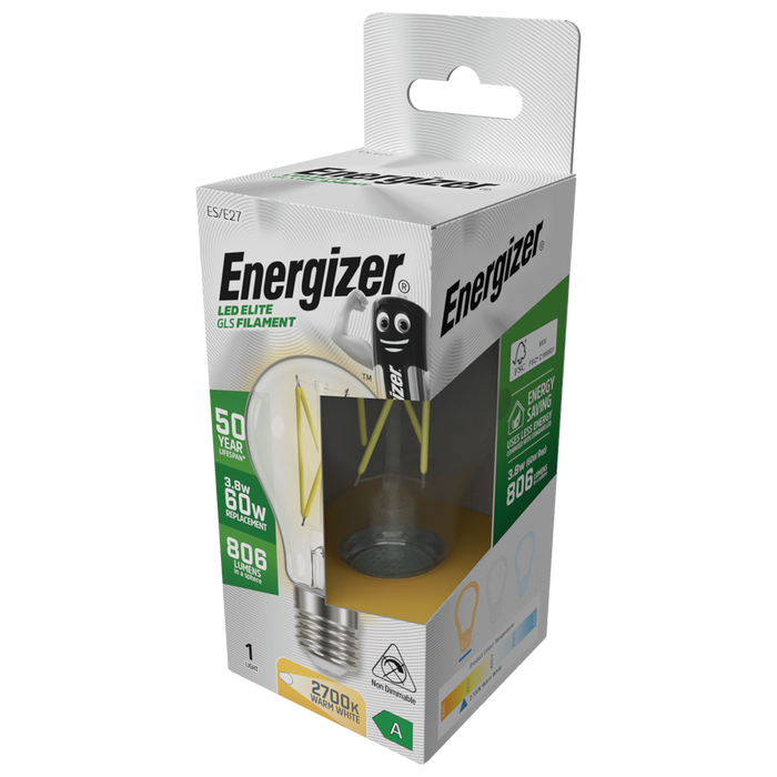 Energizer S29628 A Rated LED Elite GLS E27 Filament 806lm 3.8W 2700K (Warm White)