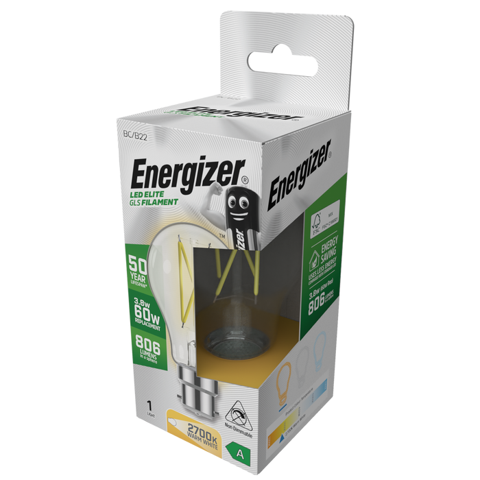 Energizer S29630 A Rated LED Elite GLS B22 Filament 806lm 3.8W 2700K (Warm White)