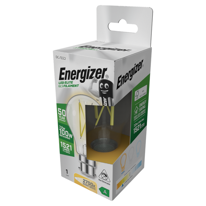 Energizer S29634 A Rated LED Elite GLS B22 Filament 1521lm 7.2W 2700K (Warm White)