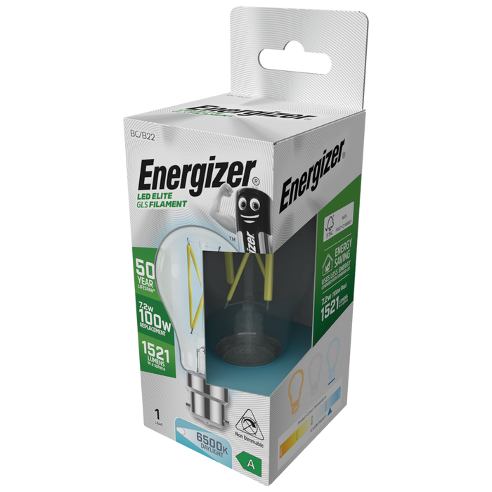 Energizer S29635 A Rated LED Elite GLS B22 Filament 1521lm 7.2W 6500K (Warm White)(12 Pack)