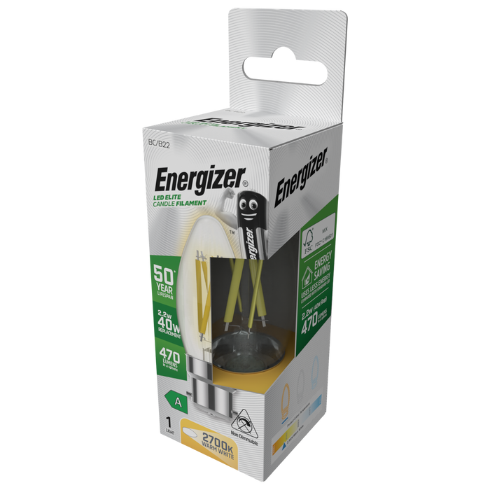 Energizer S29638 A Rated LED Elite Candle B22 Filament 470lm 2.2W 2700K (Warm White)