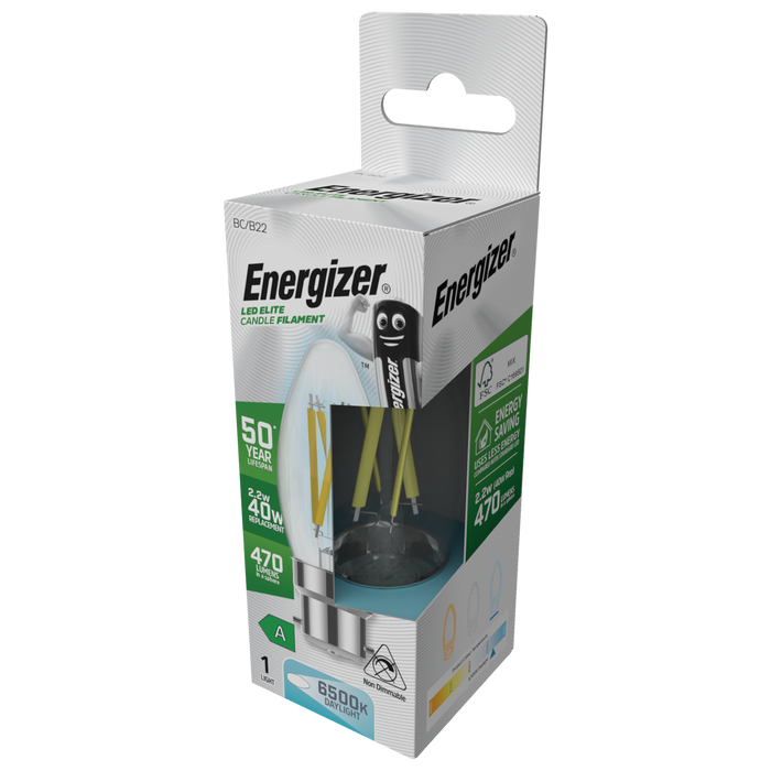 Energizer S29639 A Rated LED Elite Candle B22 Filament 470lm 2.2W 6500K (Daylight)(12 Pack)