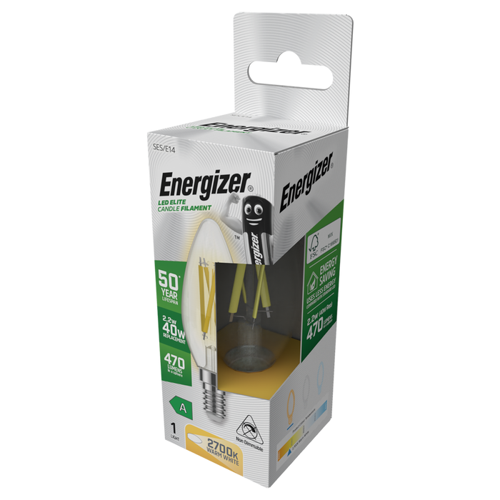 Energizer S29640 A Rated LED Elite Candle E14 Filament 470lm 2.2W 2700K (Warm White)