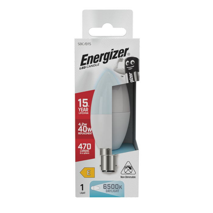 Energizer S29744 4.2W 470lm B22 BC Candle LED Bulb Opal Daylight 6500K Boxed