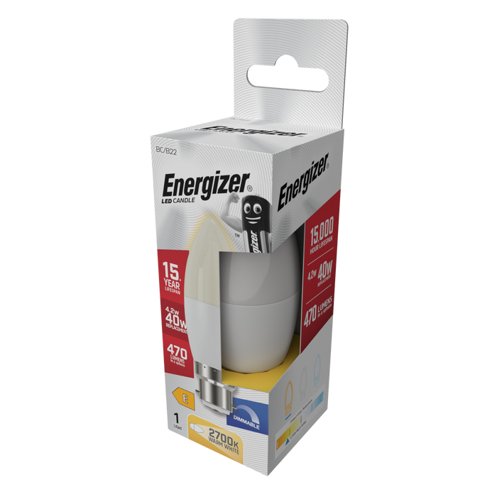 Energizer S29767 4.2W 470lm B22 BC Candle LED Bulb Opal Warm White 2700K Dimmable