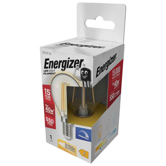 Energizer S29790 5W 550lm E14 SES Golf Filament LED Bulb Warm White 2700K Dimmable