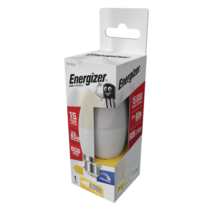 Energizer S29821 7.3W 806lm B22 BC Candle LED Bulb Opal Warm White 2700K Dimmable