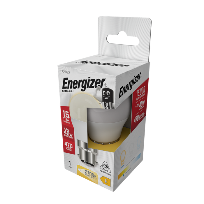 Energizer S8838 4.9W 470lm B22 BC Golf LED Bulb Opal Warm White 2700K