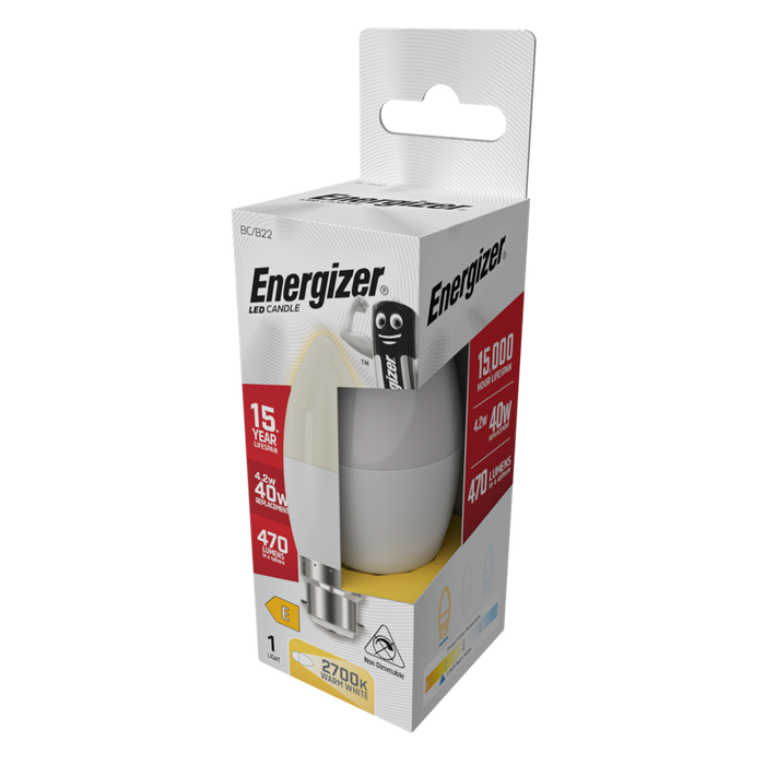 Energizer S8850 4.9W 470lm B22 BC Candle LED Bulb Opal Warm White 2700K