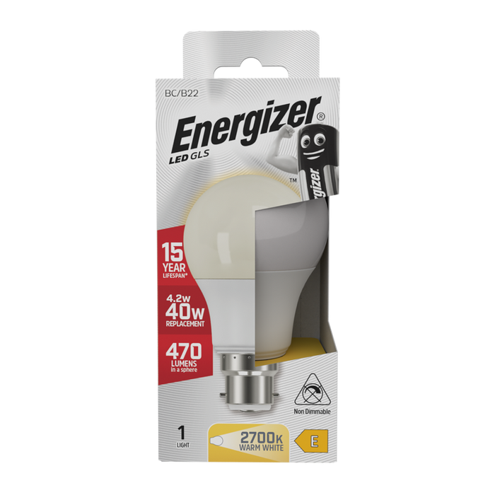 Energizer S8857 4.9W 470lm B22 BC GLS LED Bulb Opal Warm White 2700K